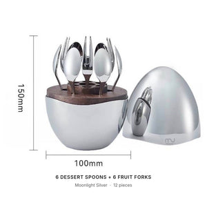 LUXMOOD Magic Egg Dessert Spoon & Fork Set – 12 Pieces, Moonlight Silver – dimensions: Ø 100 × H 150 mm