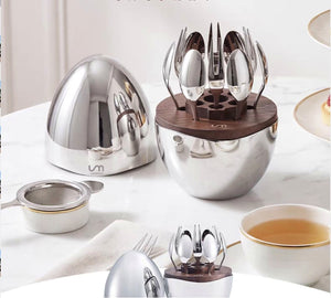 LUXMOOD Magic Egg Dessert Spoon & Fork Set – 12 Pieces, Moonlight Silver – with the cover beside it