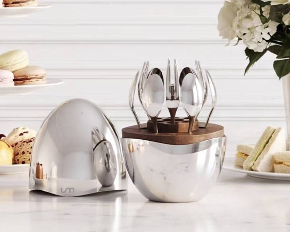 LUXMOOD Magic Egg Dessert Spoon & Fork Set – 12 Pieces, Moonlight Silver – afternoon-tea scene with open Magic Egg