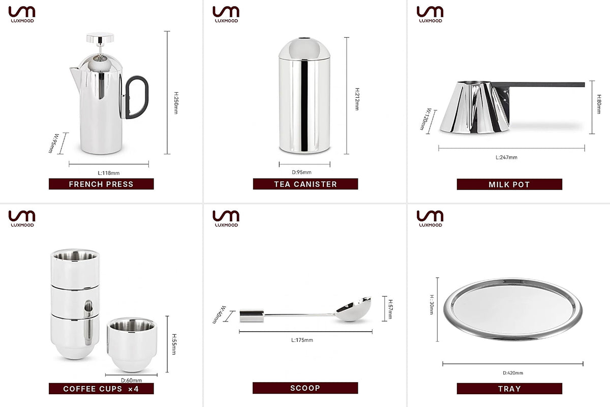 LUXMOOD Modern coffee set pieces: French press, tea canister, milk pot, 4 cups, scoop and tray