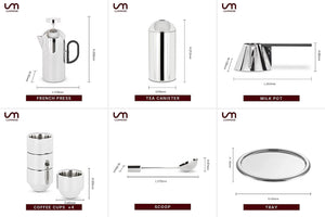 LUXMOOD Modern coffee set pieces: French press, tea canister, milk pot, 4 cups, scoop and tray