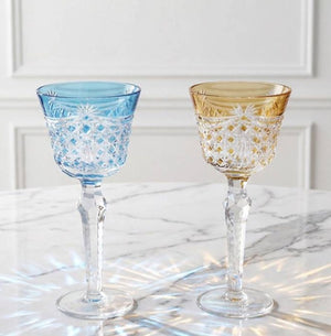 LUXMOOD Rhombus Cut Crystal Champagne Glass 150ml – light blue and amber glasses, full height, on marble