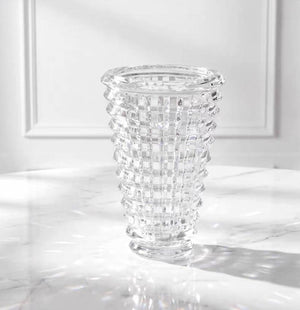 LUXMOOD Round Light Crystal Vase – Large – empty vase on marble table, white panelled wall