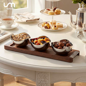 LUXMOOD Together walnut tray with three steel bowls of nuts and sweets