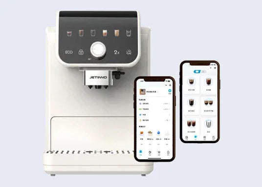 White Jetinn coffee machine with digital control panel and two smartphones displaying coffee brewing app in Chinese