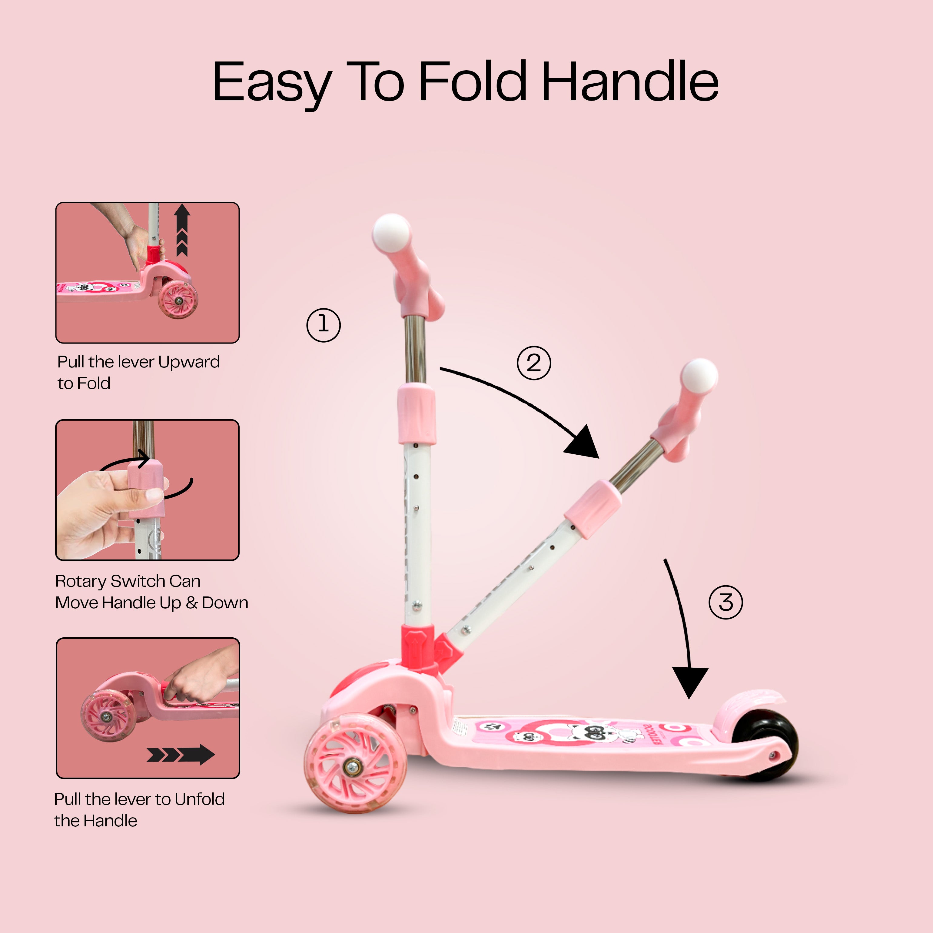 Kids' Scooter with LED Lights and 3-Level Height Adjustment - Pink - HOCC