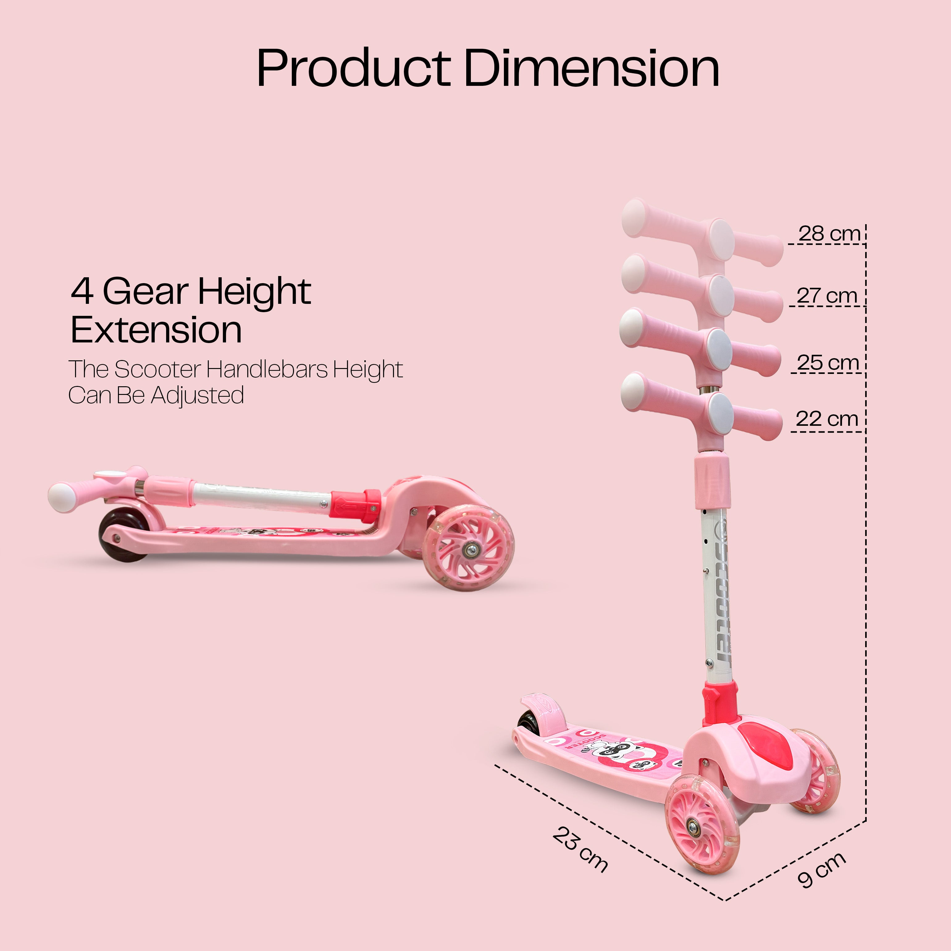 Kids' Scooter with LED Lights and 3-Level Height Adjustment - Pink - HOCC