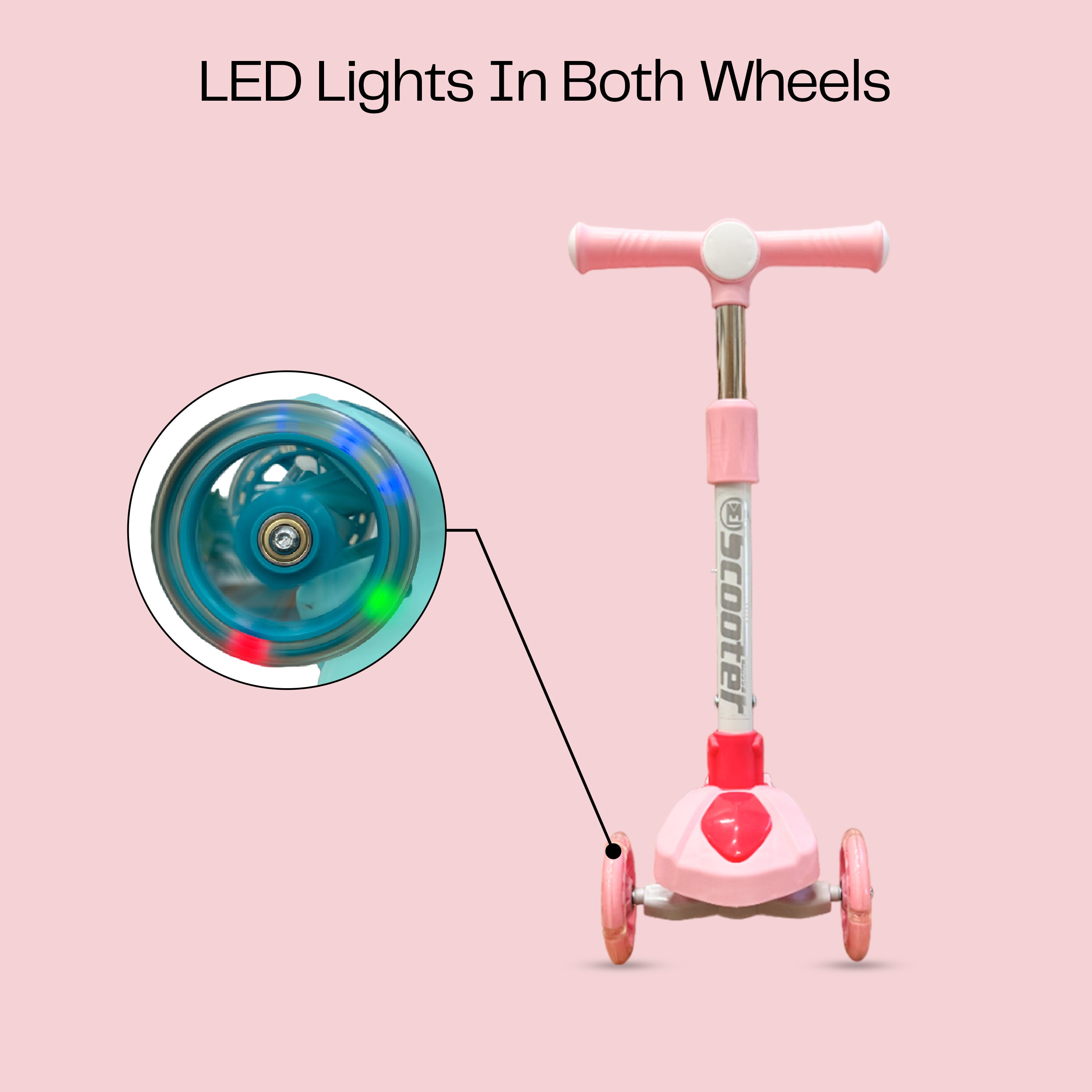 Kids' Scooter with LED Lights and 3-Level Height Adjustment - Pink - HOCC