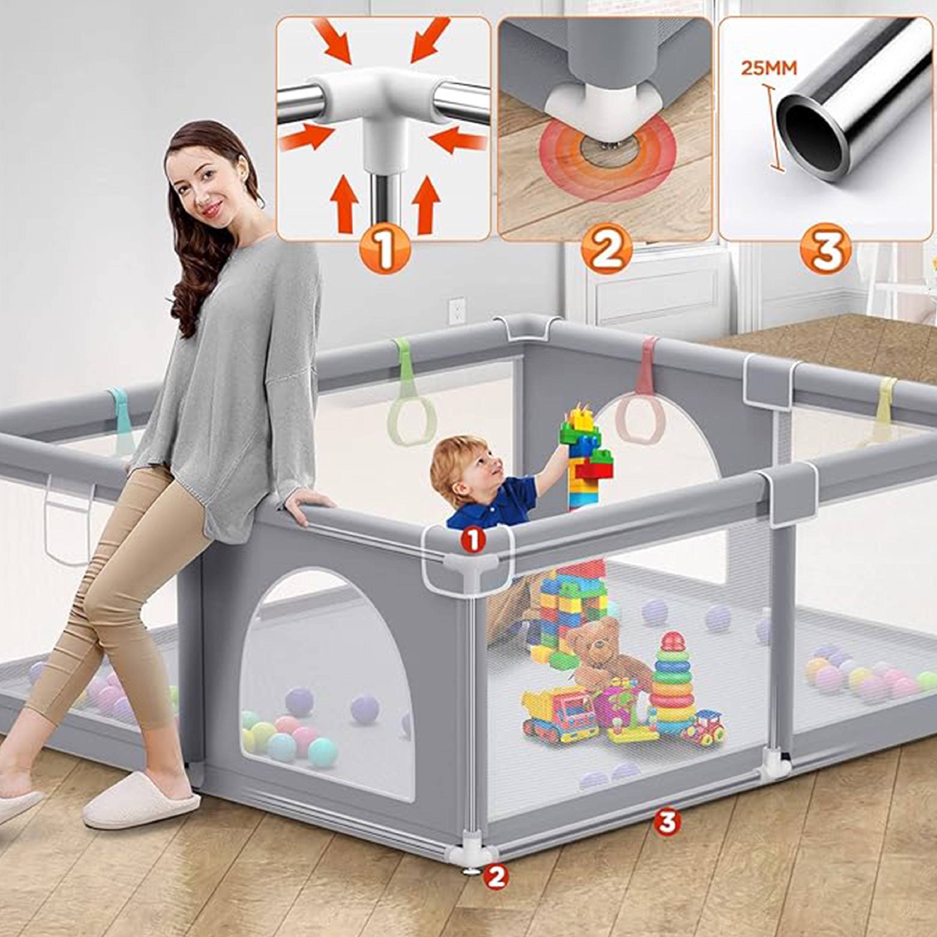 Indoor and Outdoor Baby Playpen without balls for Toddler - Activity Center with Anti-Slip Base, Sturdy Safety Play Yard with Soft Breathable Mesh - HOCC