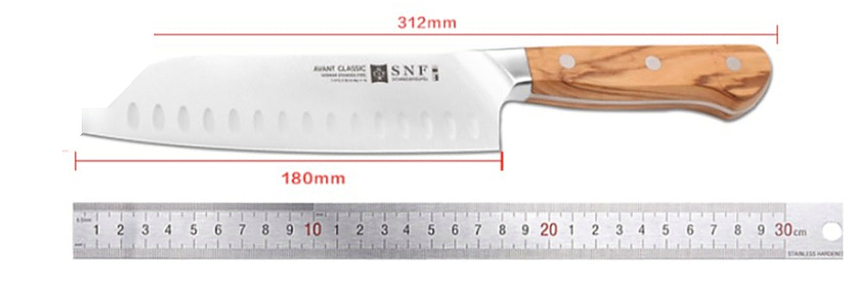 SNF MS2 Avant Classic 7-Inch Santoku Knife – Olive Wood – dimensions