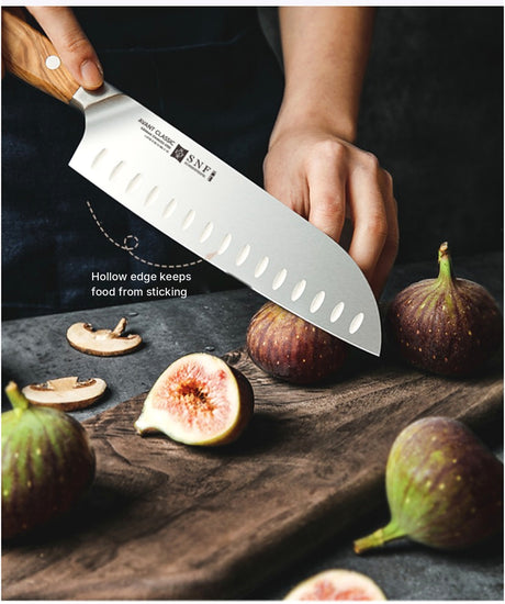 SNF MS2 Avant Classic 7-Inch Santoku Knife – Olive Wood – slicing figs