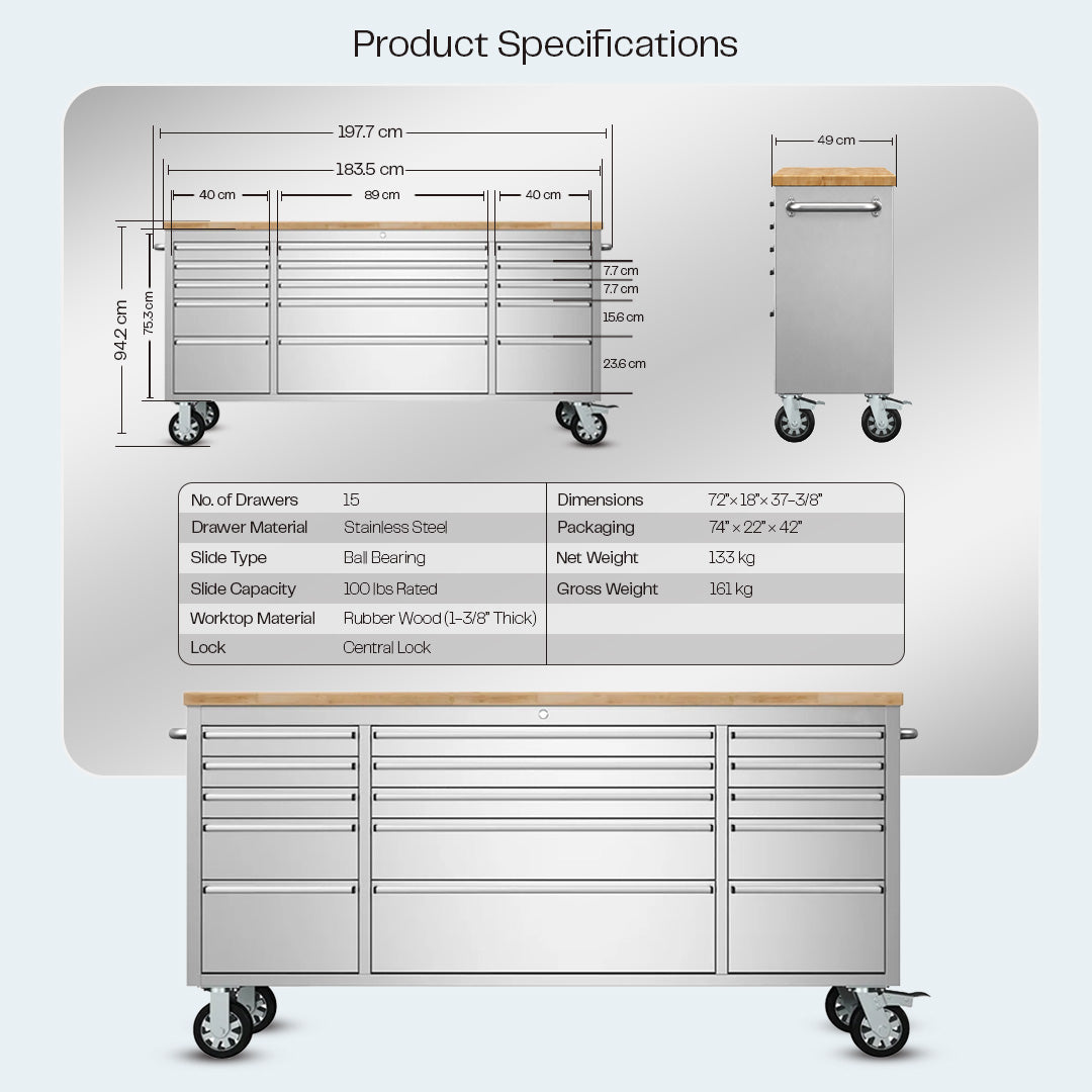 Thor 72 Inch 15-Drawer Mobile Workbench in Stainless Steel – Showroom Display Unit