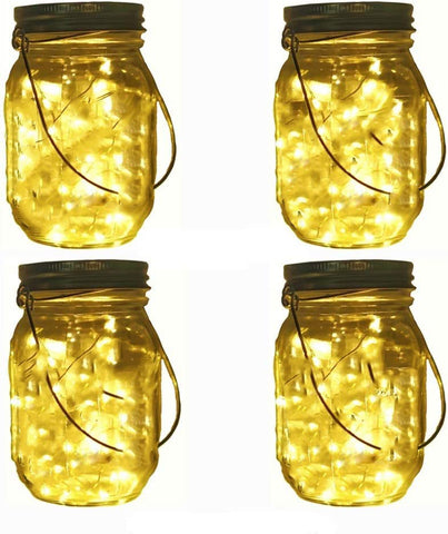 4 Pack Solar Mason Jar Lights, 4 Jars having 10 LED Warm White Fairy Firefly String Lights Each